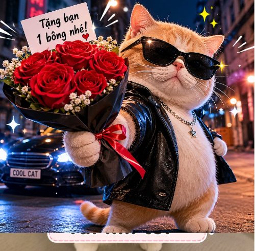 Ảnh chế meme mèo tặng hoa cute biểu cảm cực hài