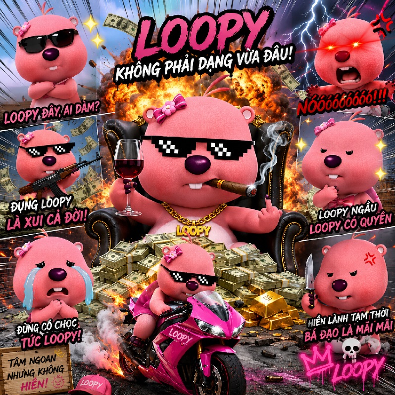 Bộ ảnh Loopy meme gấu hồng biểu cảm vô tri cực hài