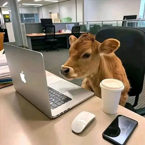 Ảnh troll bò vàng ngồi trước laptop