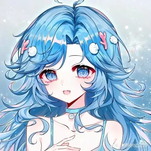 Tải ảnh avatar cô gái tóc xanh dương gợn sóng nhìn thẳng với mắt đỏ hồng long lanh, vài bông hoa cài bên tóc làm khung ảnh đại diện trông mát mắt và dịu hơn