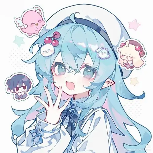 Bé gái chibi đội mũ trắng giơ tay chữ V, tóc xanh buộc gọn hai bên và loạt hình trang trí nhỏ xung quanh khiến ảnh profile nữ nhỏ nhắn tông xanh lam nhìn rất vui