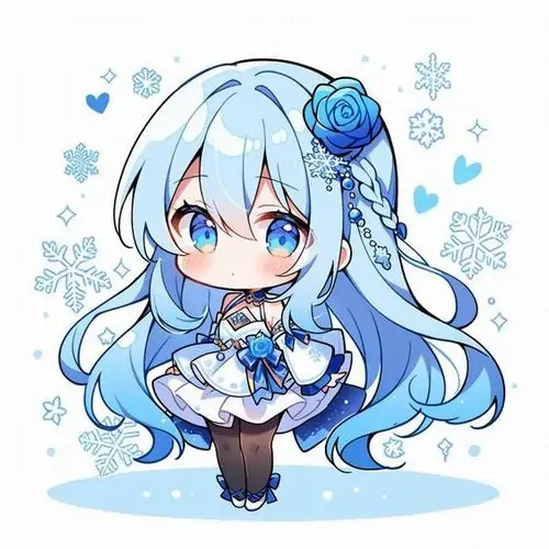 Nhân vật chibi đứng tròn xoe trong váy xanh đậm, tóc xanh nhạt uốn nhẹ và bông hồng cài bên mái khiến ảnh đại diện bé gái chibi màu xanh trông gọn ghẽ mà cuốn mắt