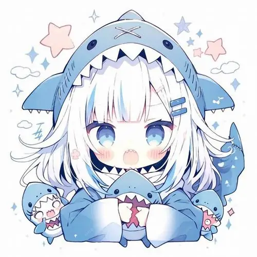 Cô bé mặc áo hoodie cá mập ôm gối trước ngực, mái tóc trắng xanh ngắn chạm má và vài ngôi sao nhỏ quanh đầu làm avatar chibi nữ này nhìn đáng yêu vô cùng