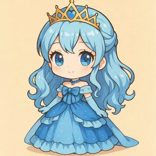Hình đại diện cute nàng công chúa chibi đứng thẳng trong váy xanh xếp tầng, vương miện vàng nhỏ trên đầu làm ảnh đại diện này sáng sủa và gọn như tranh sticker