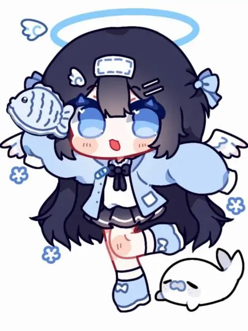 Ảnh profile xinh nhân vật chibi mặc đồ xanh đen giơ tay chào, mái tóc sẫm che một bên mắt và chiếc vòng sáng trên đầu khiến khung hình nhỏ này ngầu nhẹ mà vẫn cute