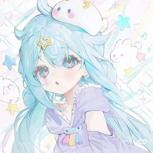 Avatar bé gái xanh nàng chibi tóc pastel tựa nghiêng giữa nền sao và mây, váy tím nhạt cùng ánh nhìn lơ đãng làm ảnh profile mang nét mơ màng rất vừa phải