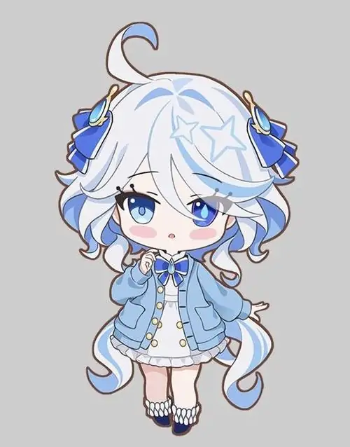 Hình đại diện bé chibi tí hon đứng giữa nền xám, tóc xoăn xanh nhạt buộc cao và bộ đồ xanh trắng khiến ảnh đại diện nhân vật nữ nhỏ nhắn sắc xanh trông bé xíu mà duyên