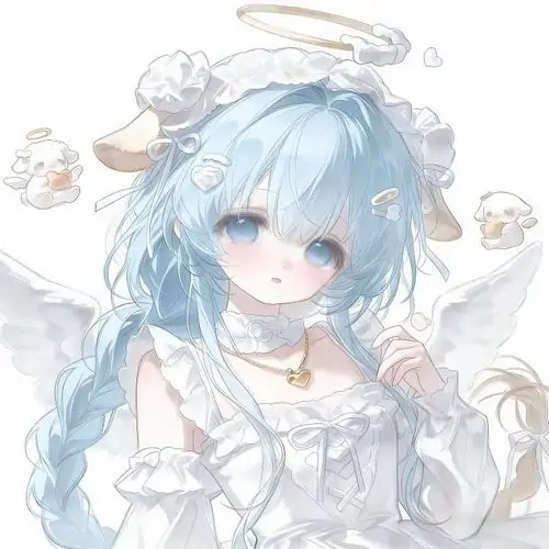 Ảnh đại diện chibi cô gái tóc xanh rất nhạt đội vòng sáng trên đầu, váy trắng phối bèo mỏng và nền mờ sáng khiến ảnh profile mang cảm giác thanh thoát mà vẫn dễ gần