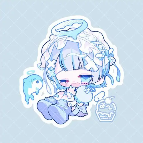 Nhân vật chibi nhỏ có vòng sáng trên đầu ngồi giữa nền xanh caro, tóc xanh nhạt và đôi cánh tí hon làm ảnh đại diện bé gái chibi màu xanh nhìn nhỏ nhắn và ngọt mắt