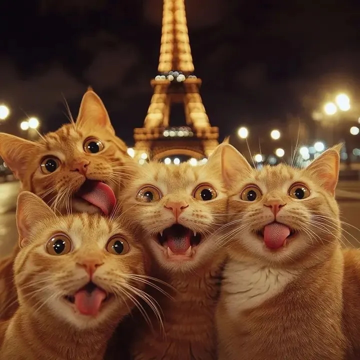 Đàn mèo ngồi cạnh nhau nhìn về phía tháp Eiffel lộng lẫy trong đêm tối tạo nên khung cảnh hoành tráng giúp tôn vinh tâm trạng nhân vật đứng trong ảnh.
